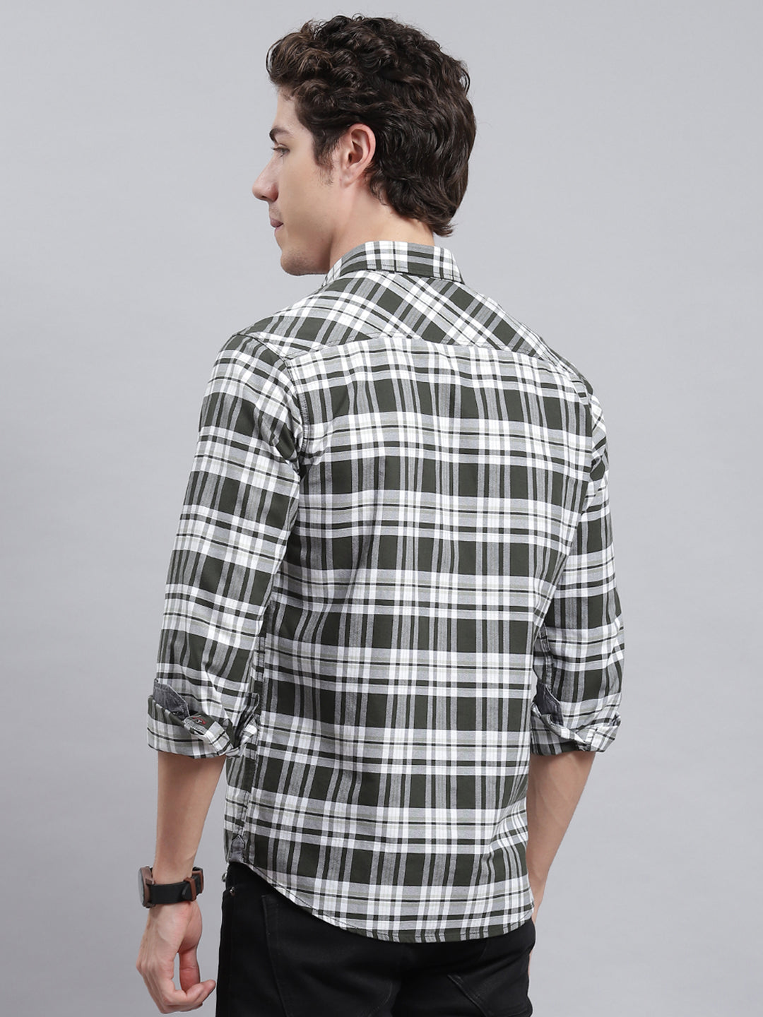 Men Olive Check Shirt