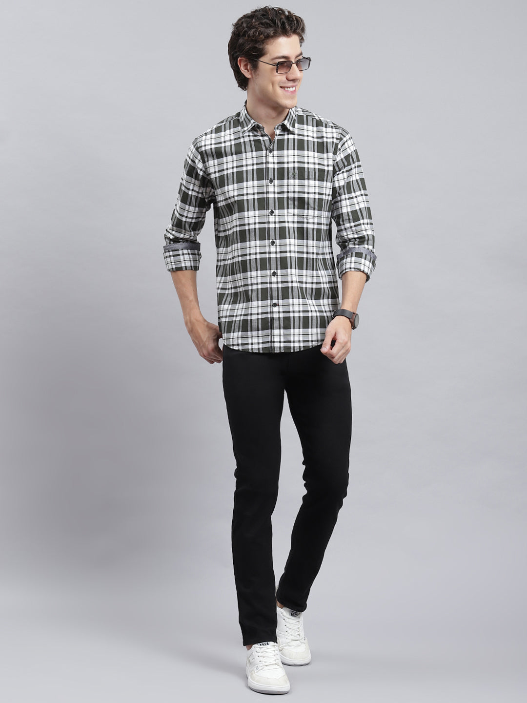 Men Olive Check Shirt