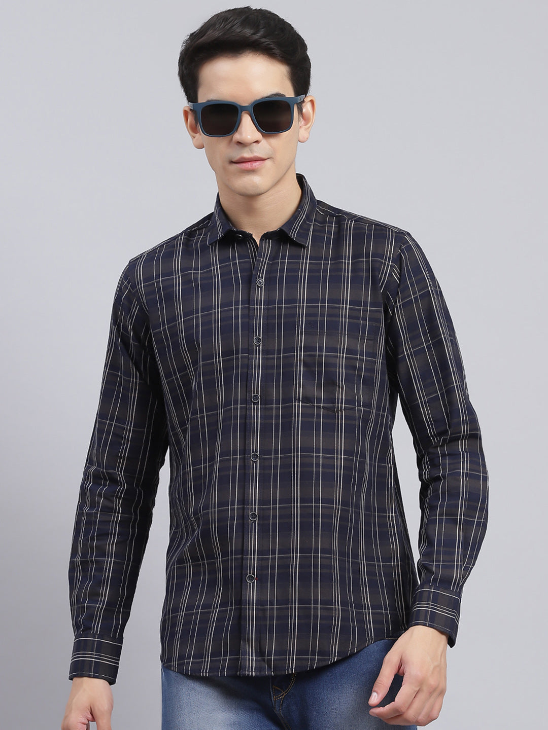 Men Navy Blue Check Pure Cotton Shirt