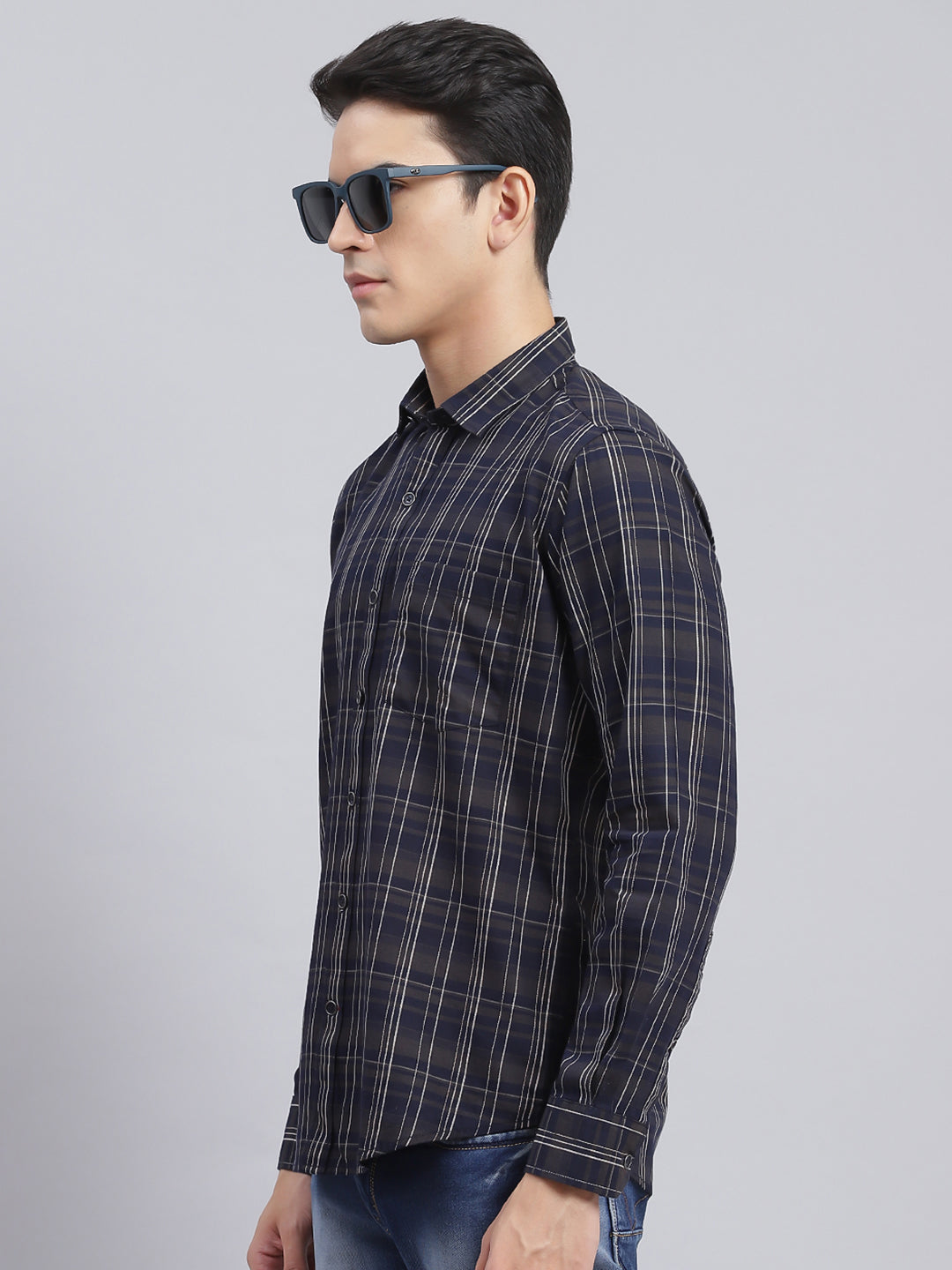 Men Navy Blue Check Pure Cotton Shirt