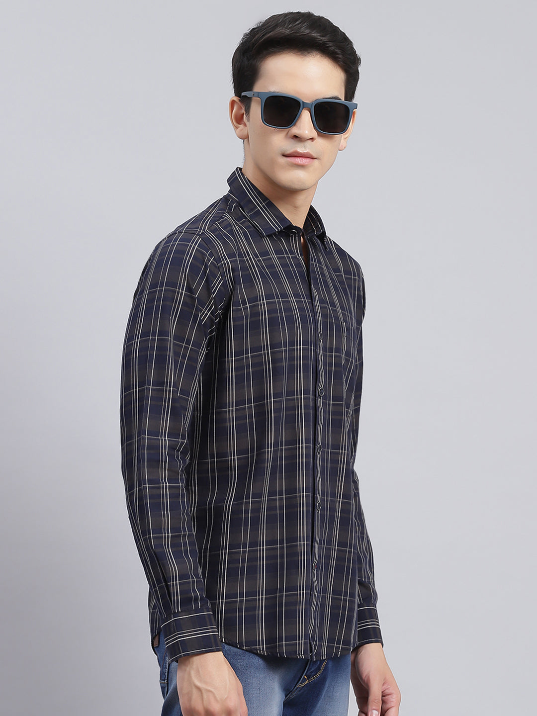 Men Navy Blue Check Pure Cotton Shirt