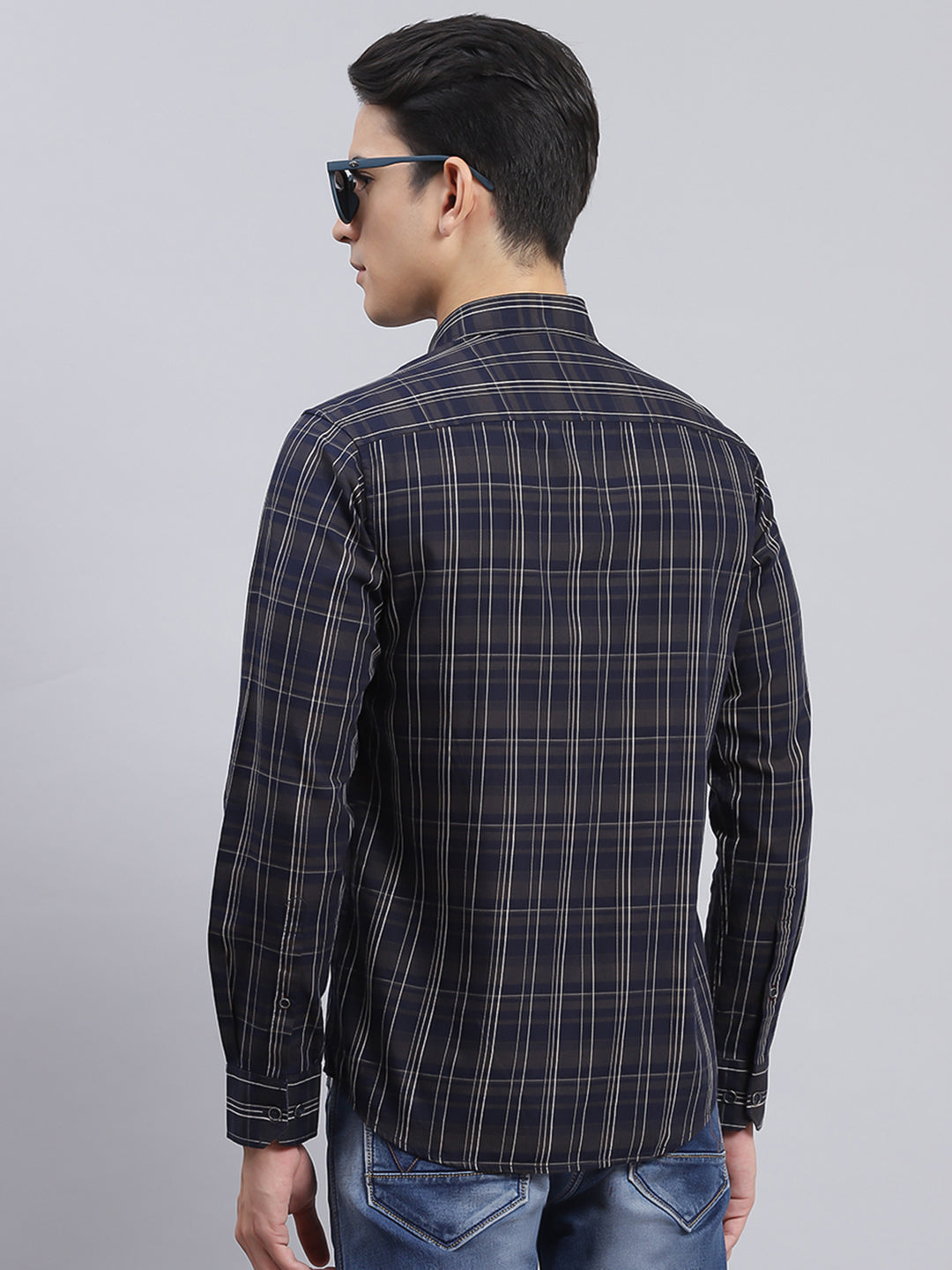 Men Navy Blue Check Pure Cotton Shirt