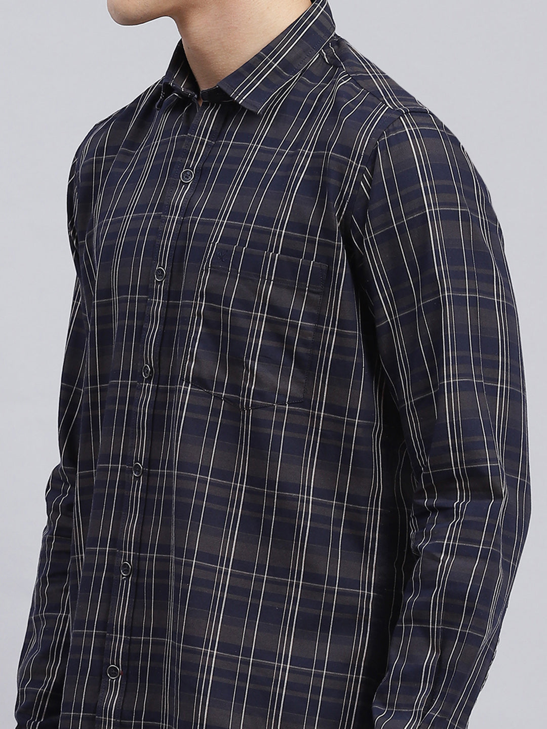 Men Navy Blue Check Pure Cotton Shirt