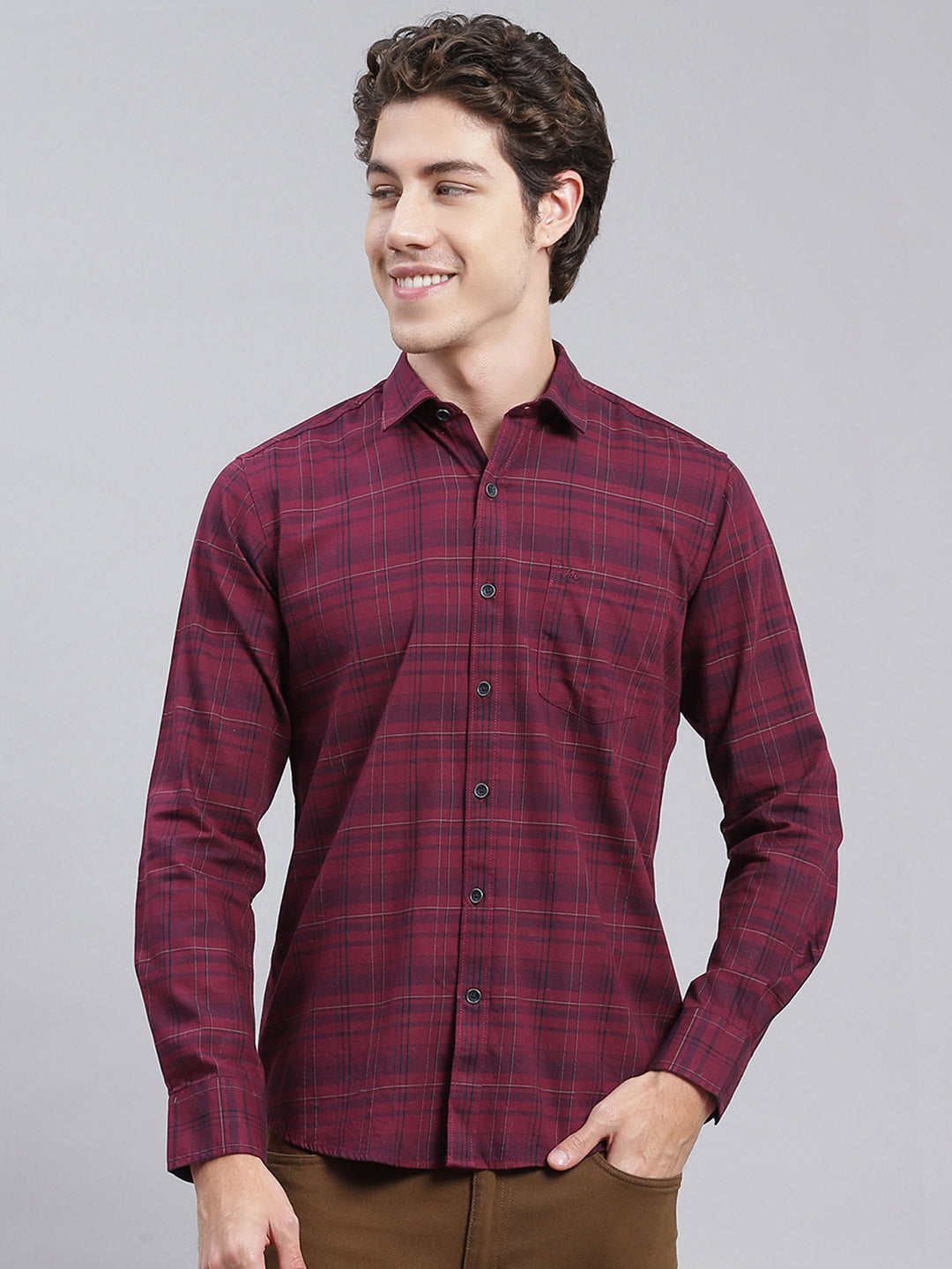 Men Maroon Check Pure Cotton Shirt