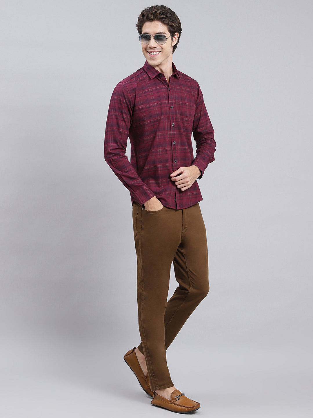 Men Maroon Check Pure Cotton Shirt