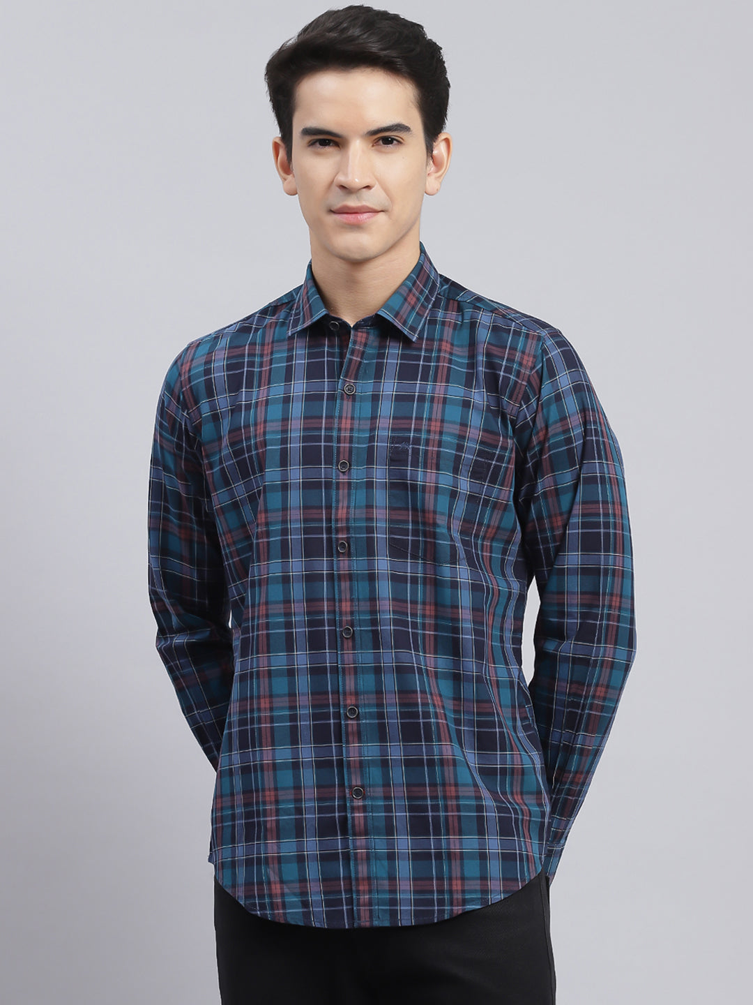 Men Navy Blue Check Pure Cotton Shirt