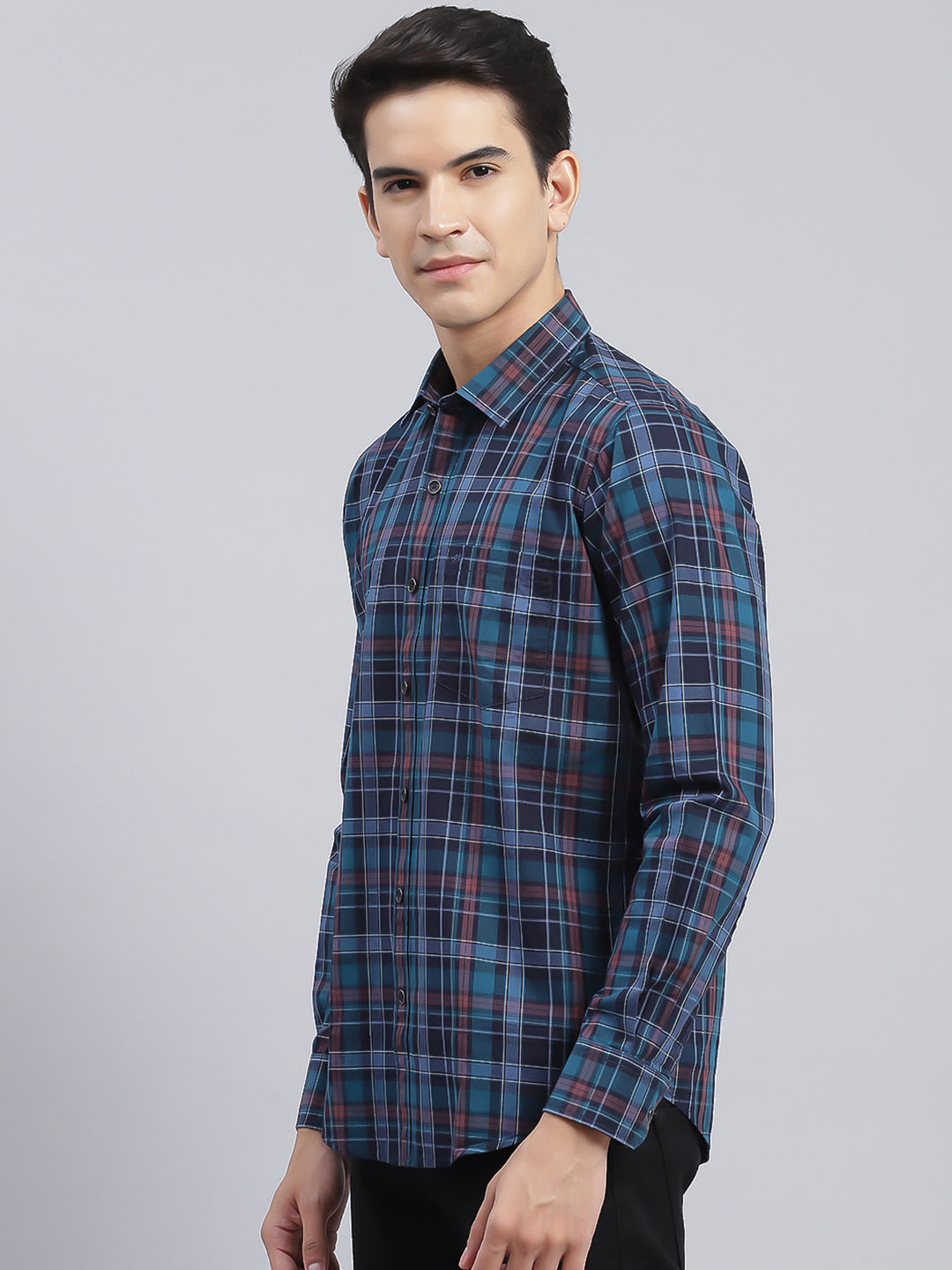 Men Navy Blue Check Pure Cotton Shirt