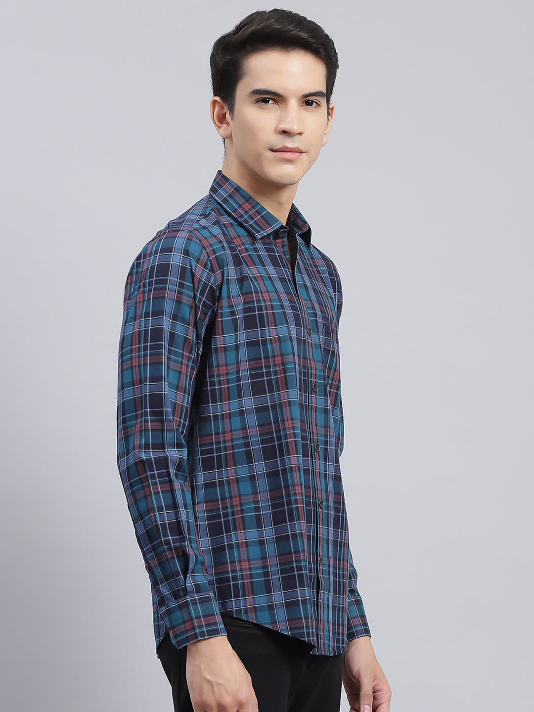 Men Navy Blue Check Pure Cotton Shirt