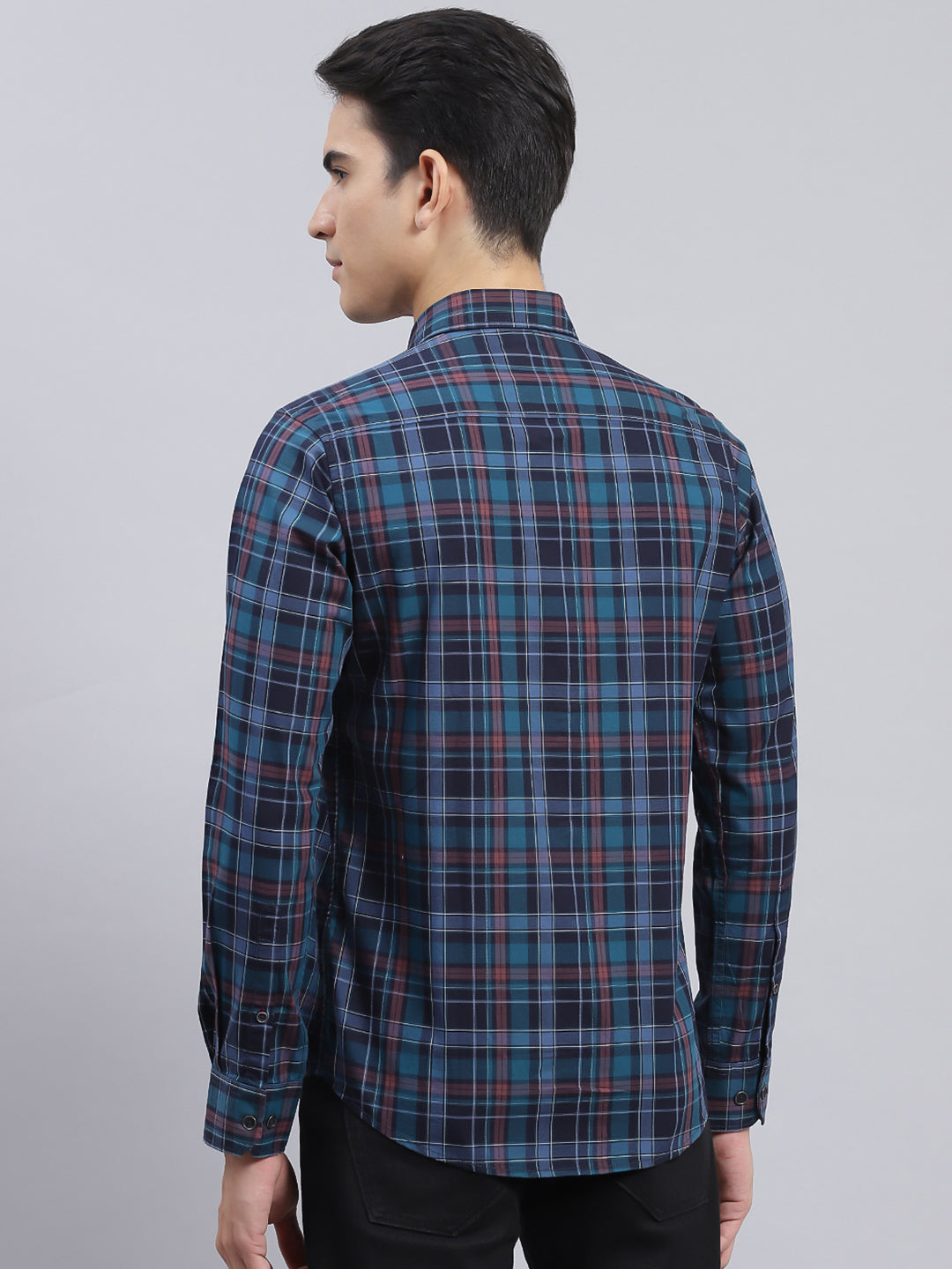 Men Navy Blue Check Pure Cotton Shirt