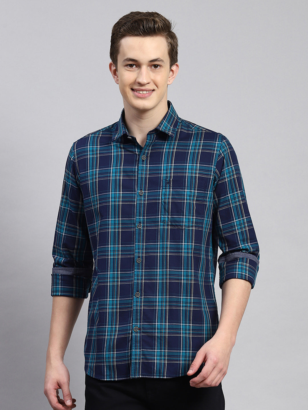 Men Teal Blue Check Shirt