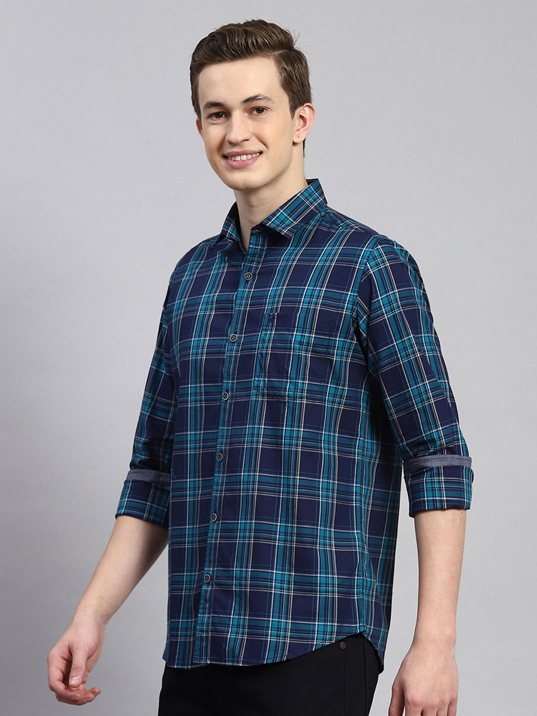 Men Teal Blue Check Shirt