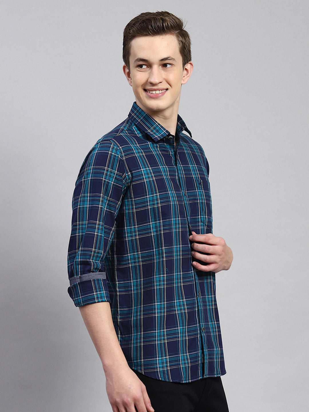 Men Teal Blue Check Shirt