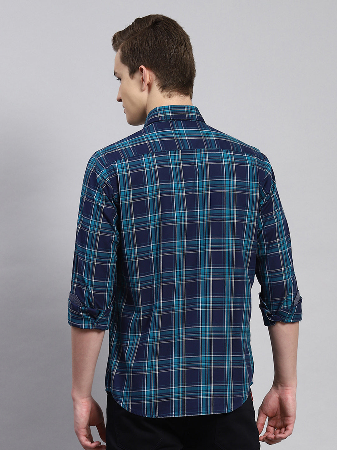 Men Teal Blue Check Shirt