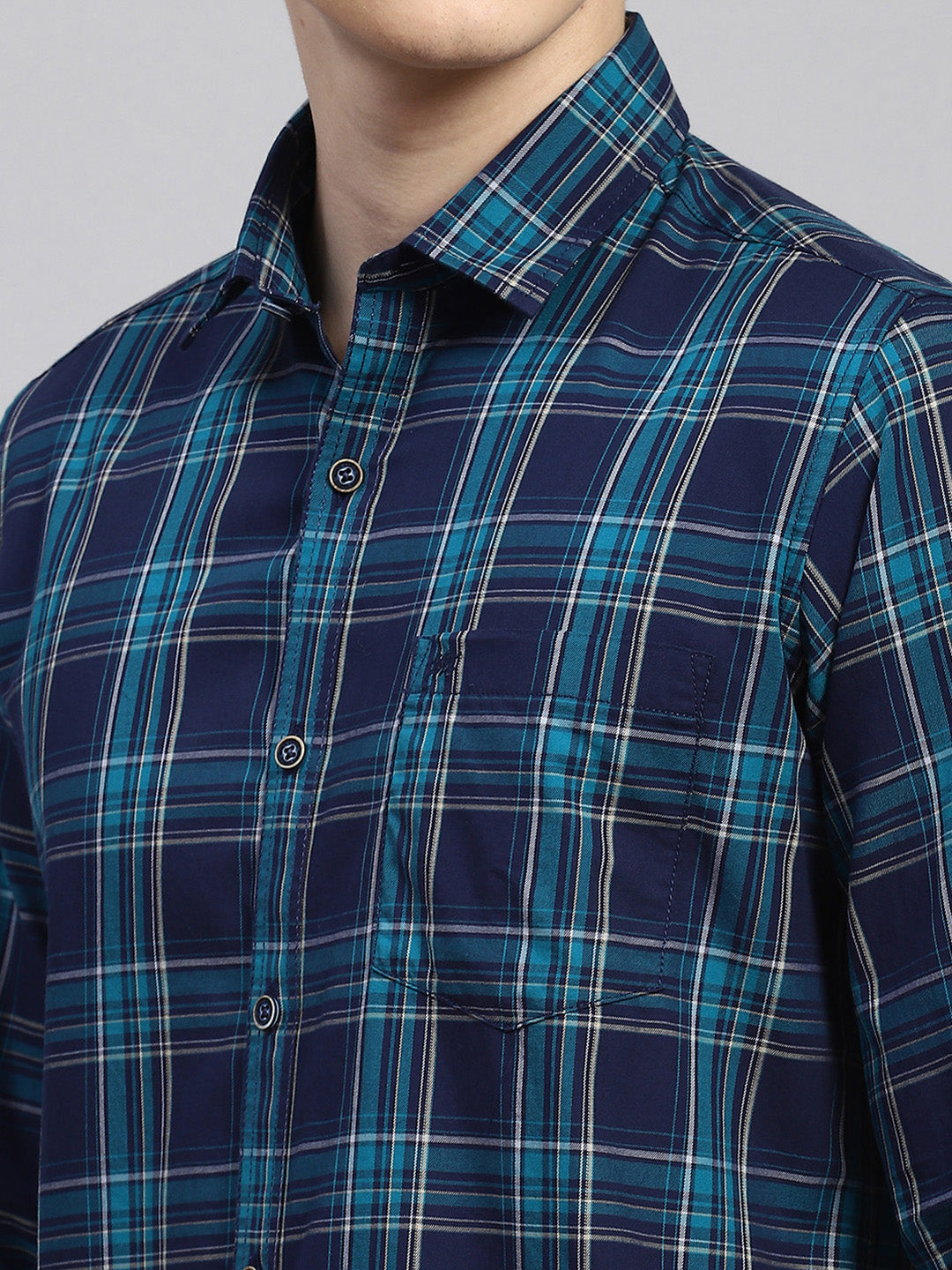 Men Teal Blue Check Shirt