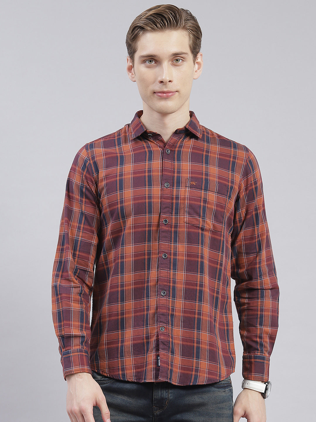 Men Rust Check Collar Full Sleeve Shirts