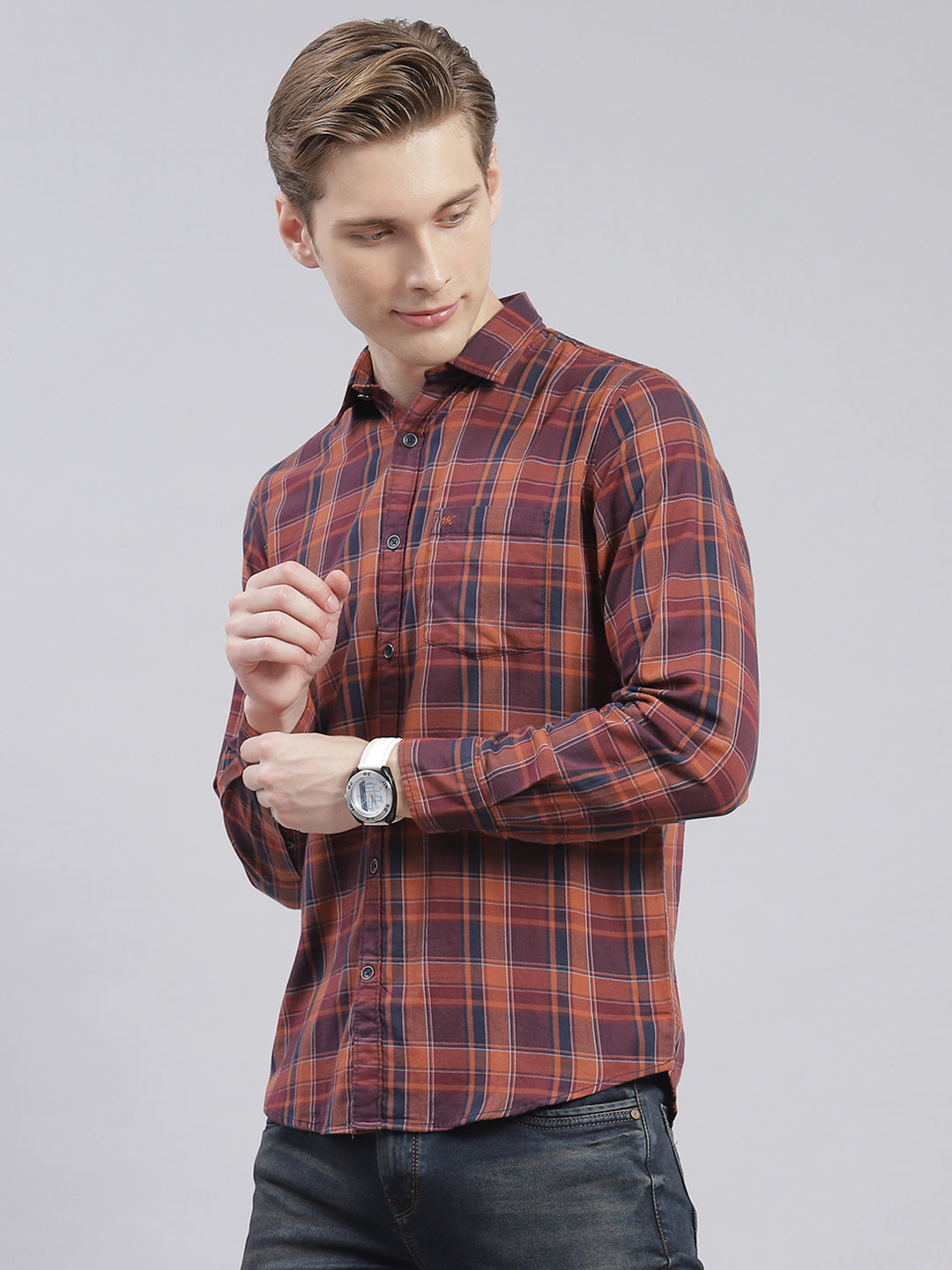 Men Rust Check Collar Full Sleeve Shirts