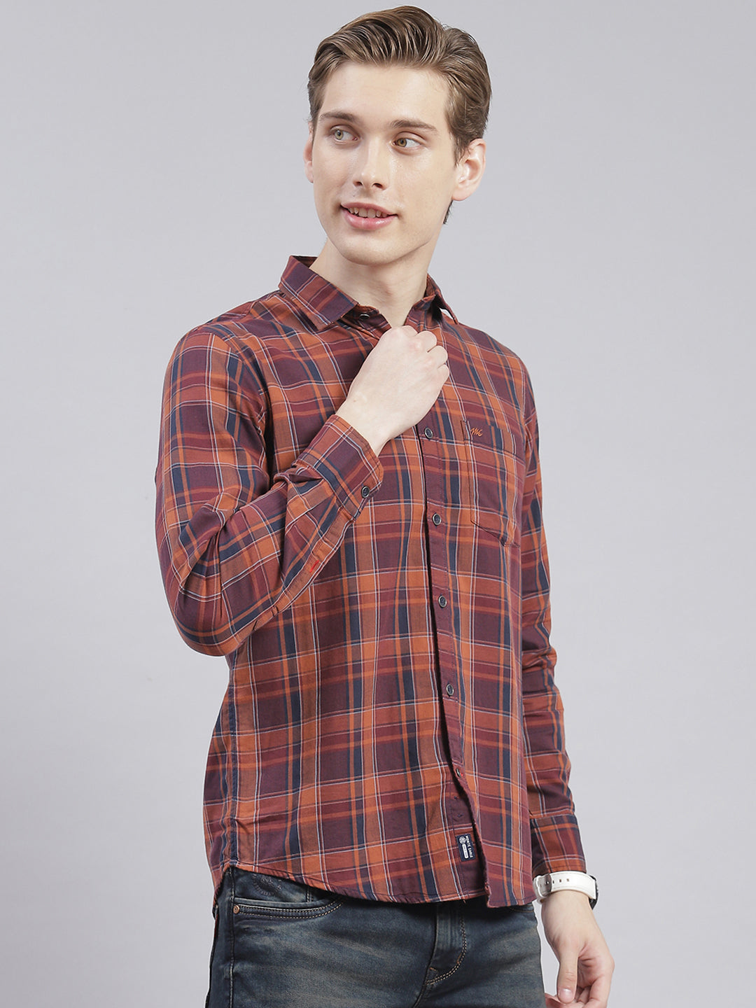 Men Rust Check Collar Full Sleeve Shirts