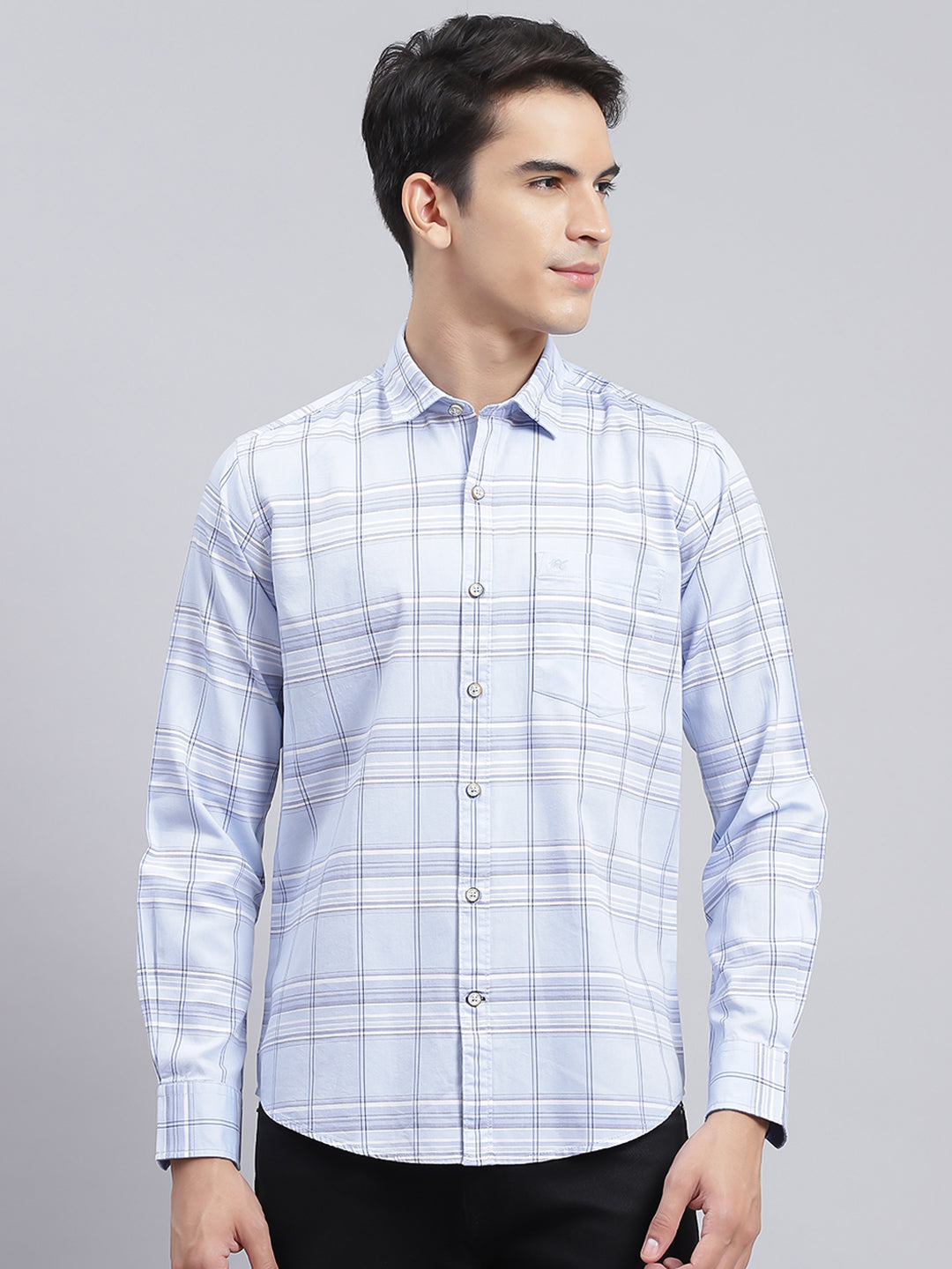 Men Sky Blue Check Pure Cotton Shirt