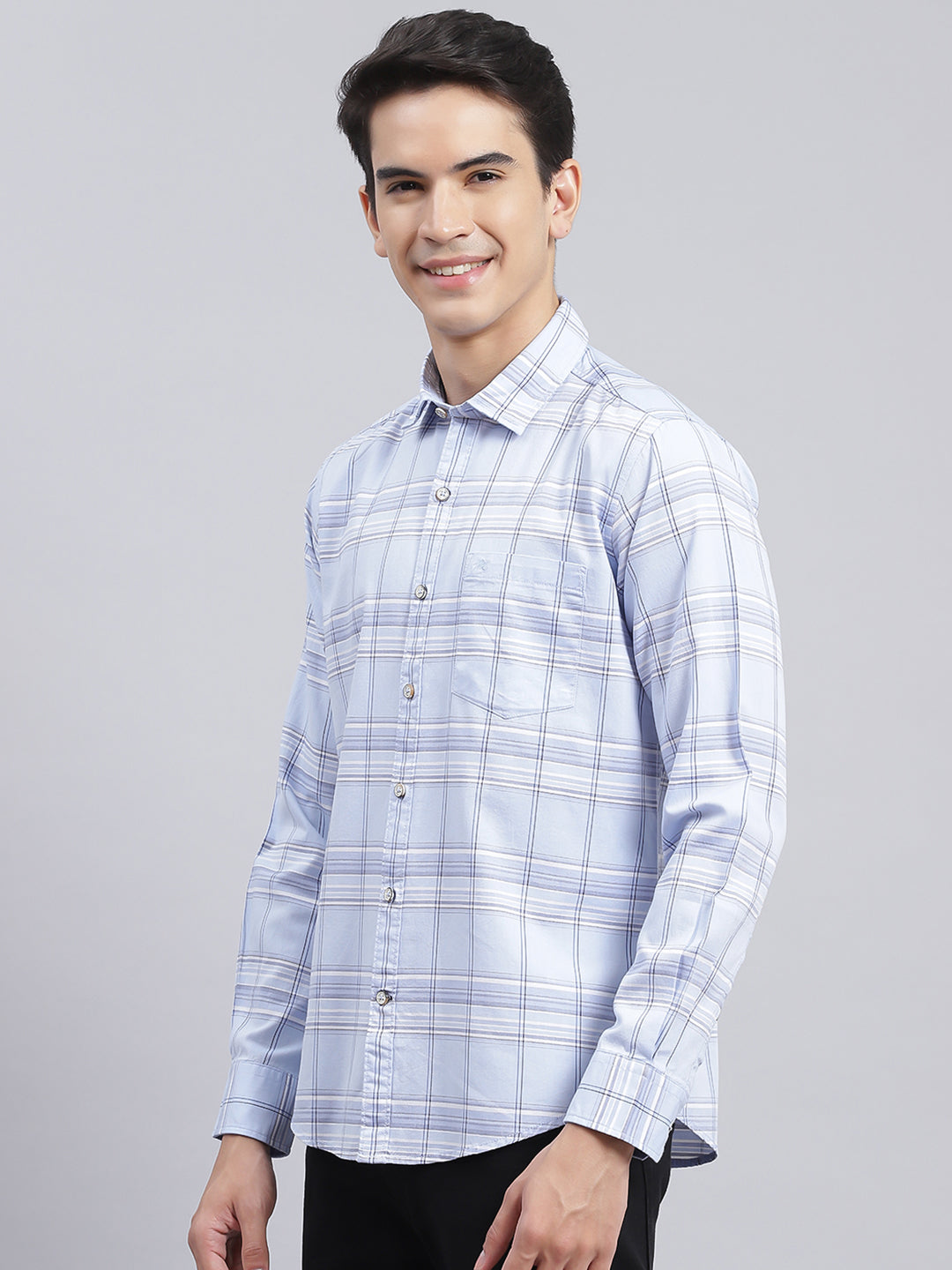 Men Sky Blue Check Pure Cotton Shirt