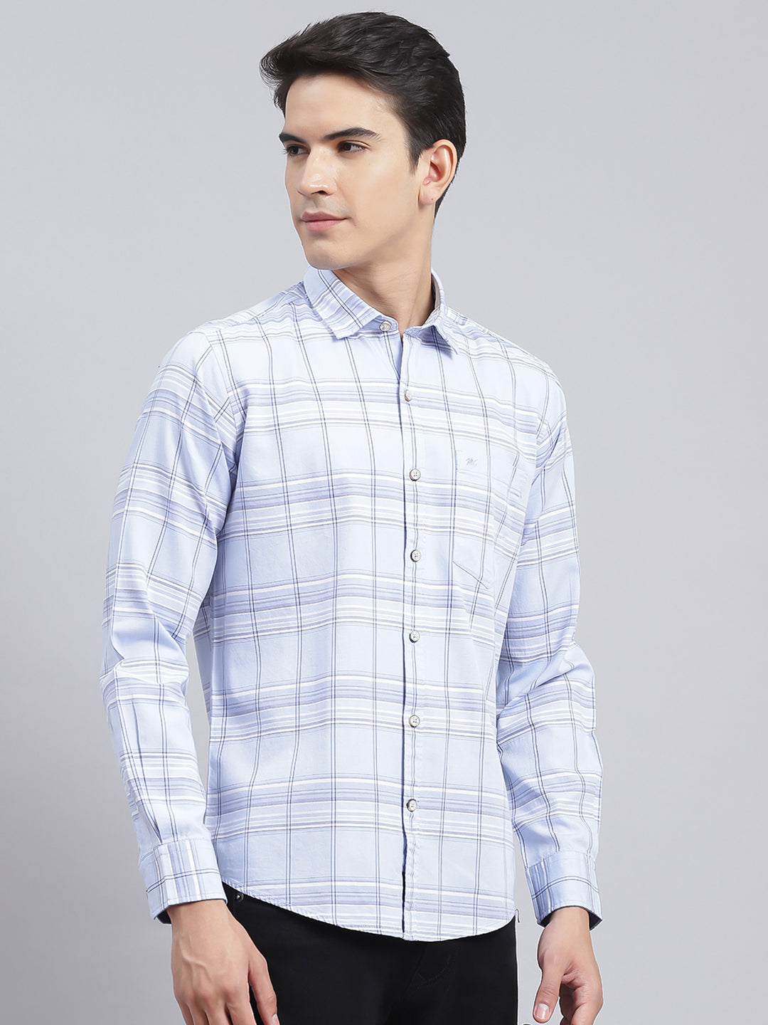 Men Sky Blue Check Pure Cotton Shirt