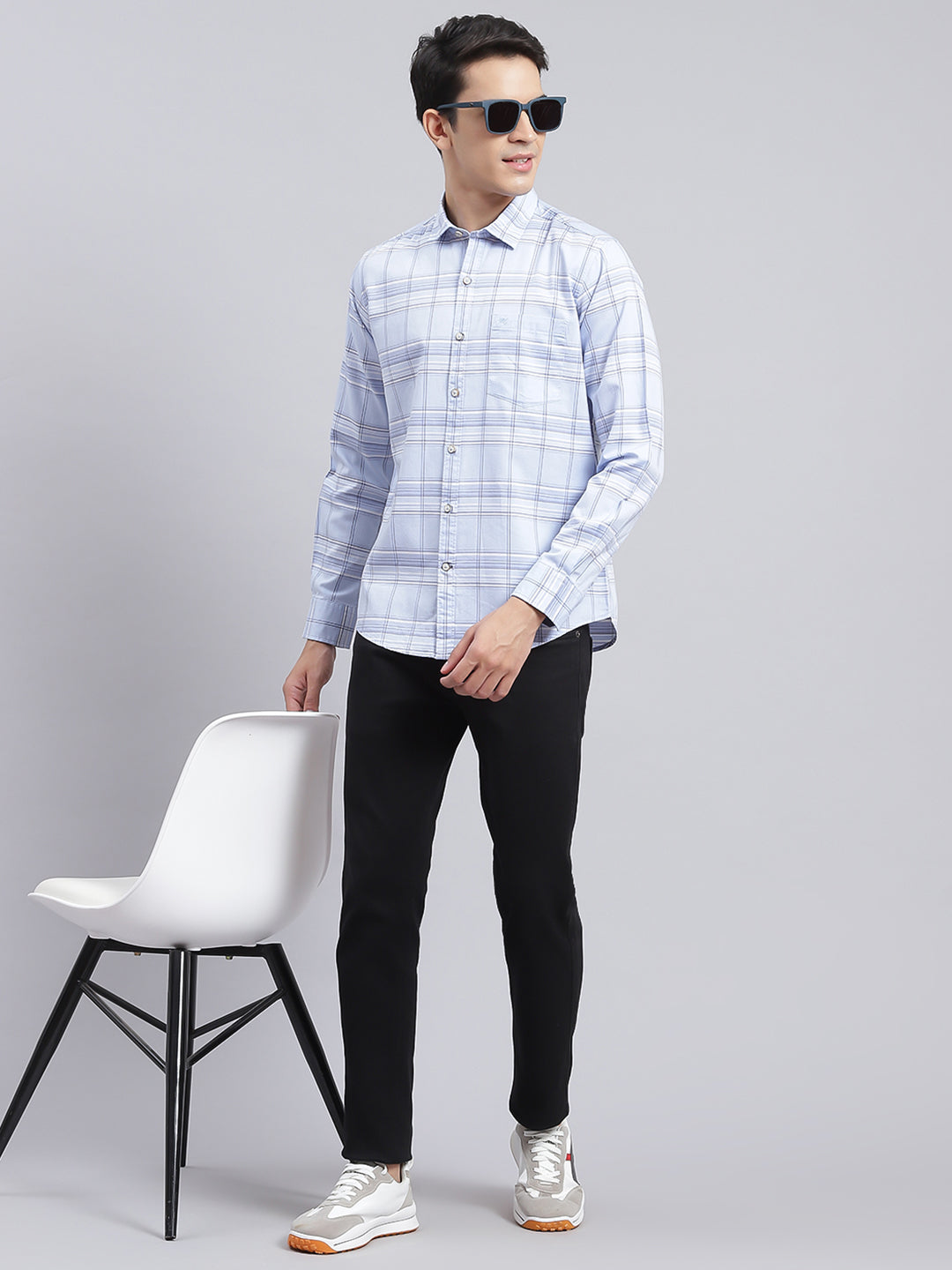 Men Sky Blue Check Pure Cotton Shirt