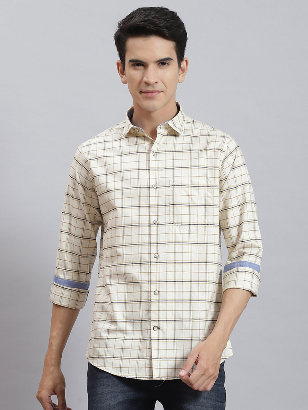 Men Off White Check Collar Full Sleeve Shirts