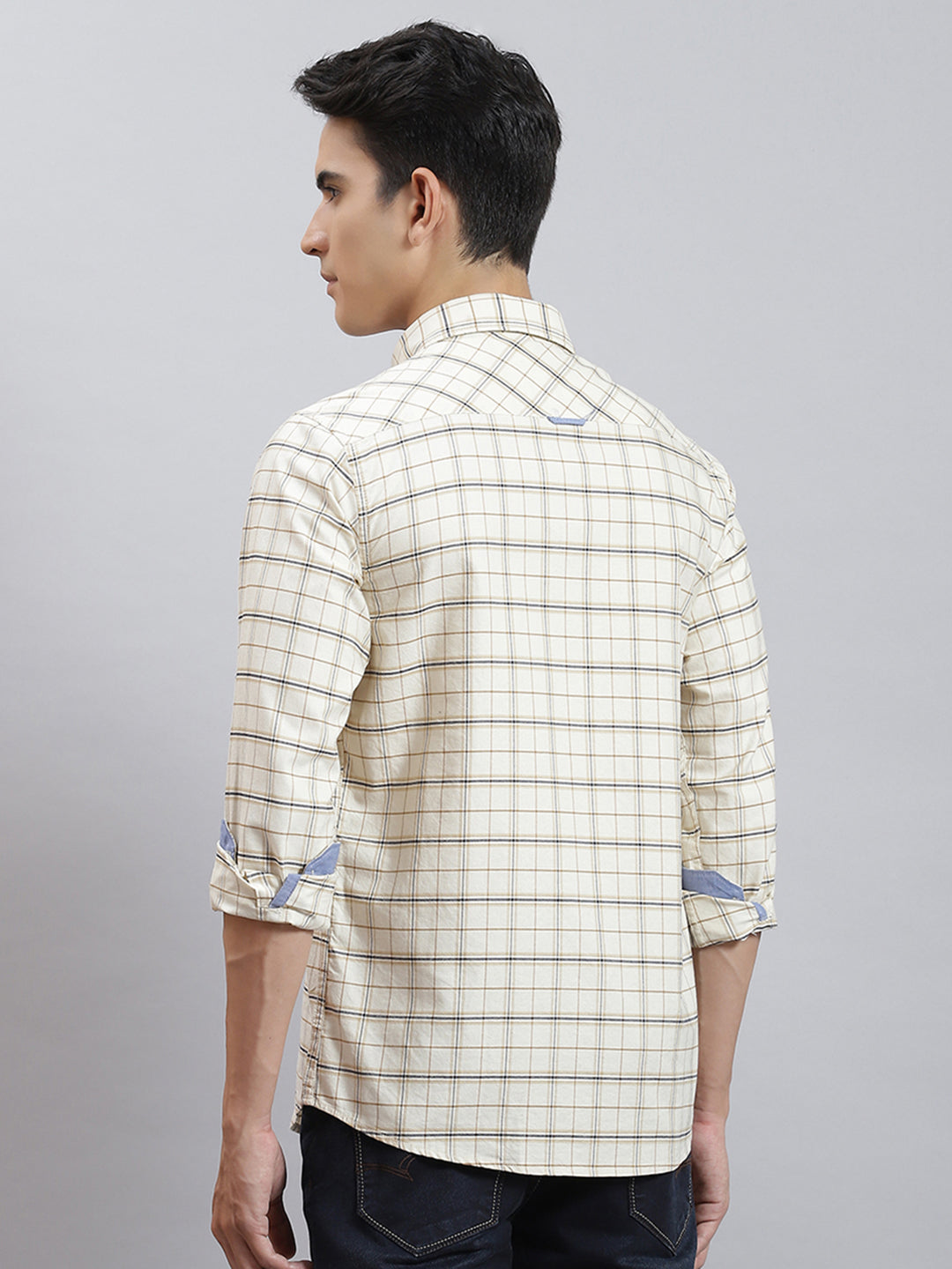 Men Off White Check Collar Full Sleeve Shirts