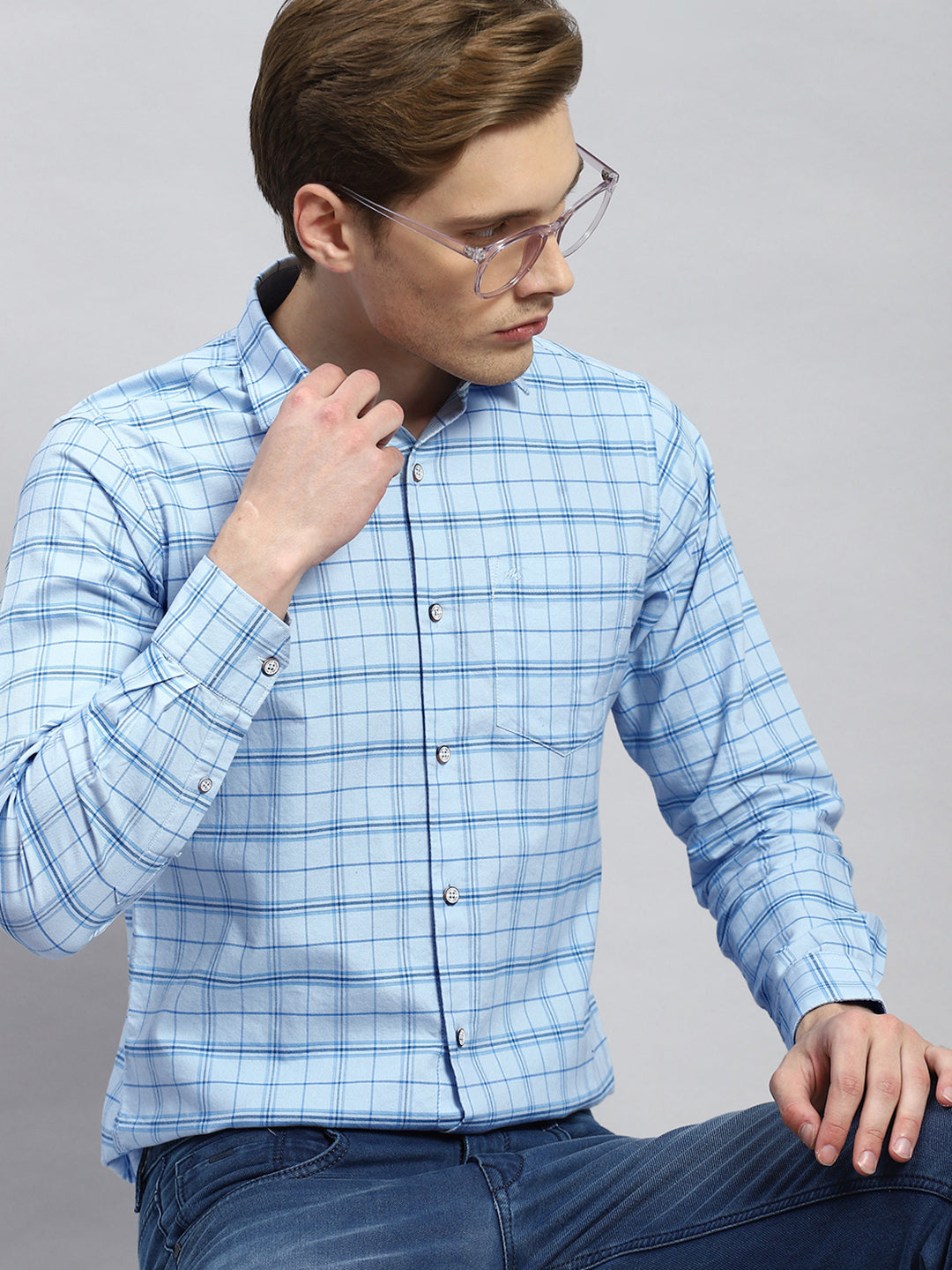 Men Blue Check Shirt