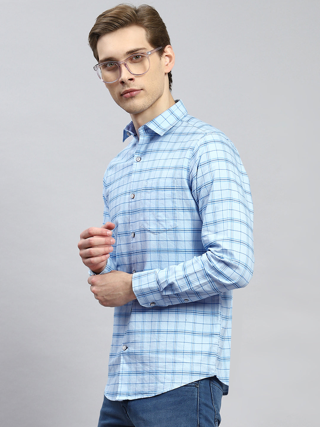 Men Blue Check Shirt