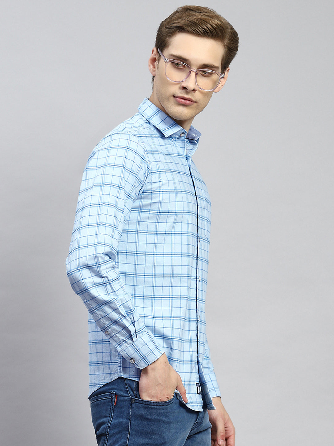 Men Blue Check Shirt