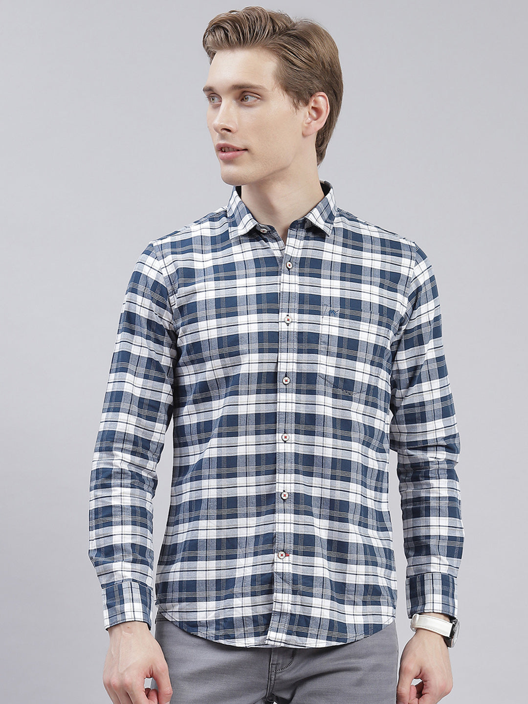 Men Navy Blue Check Collar Full Sleeve Shirts