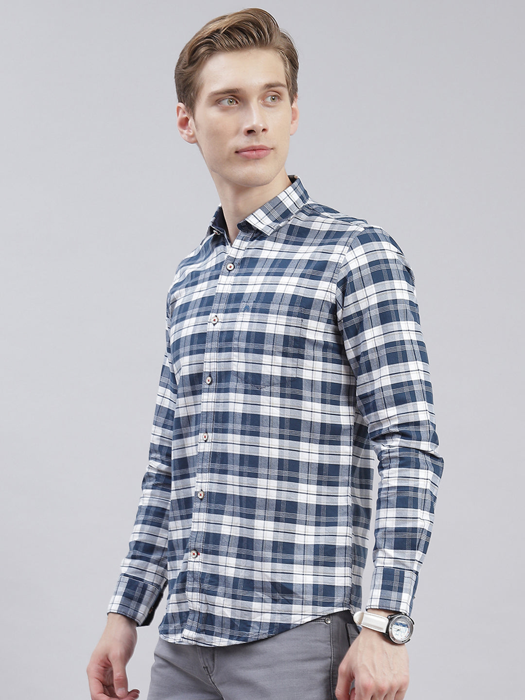 Men Navy Blue Check Collar Full Sleeve Shirts