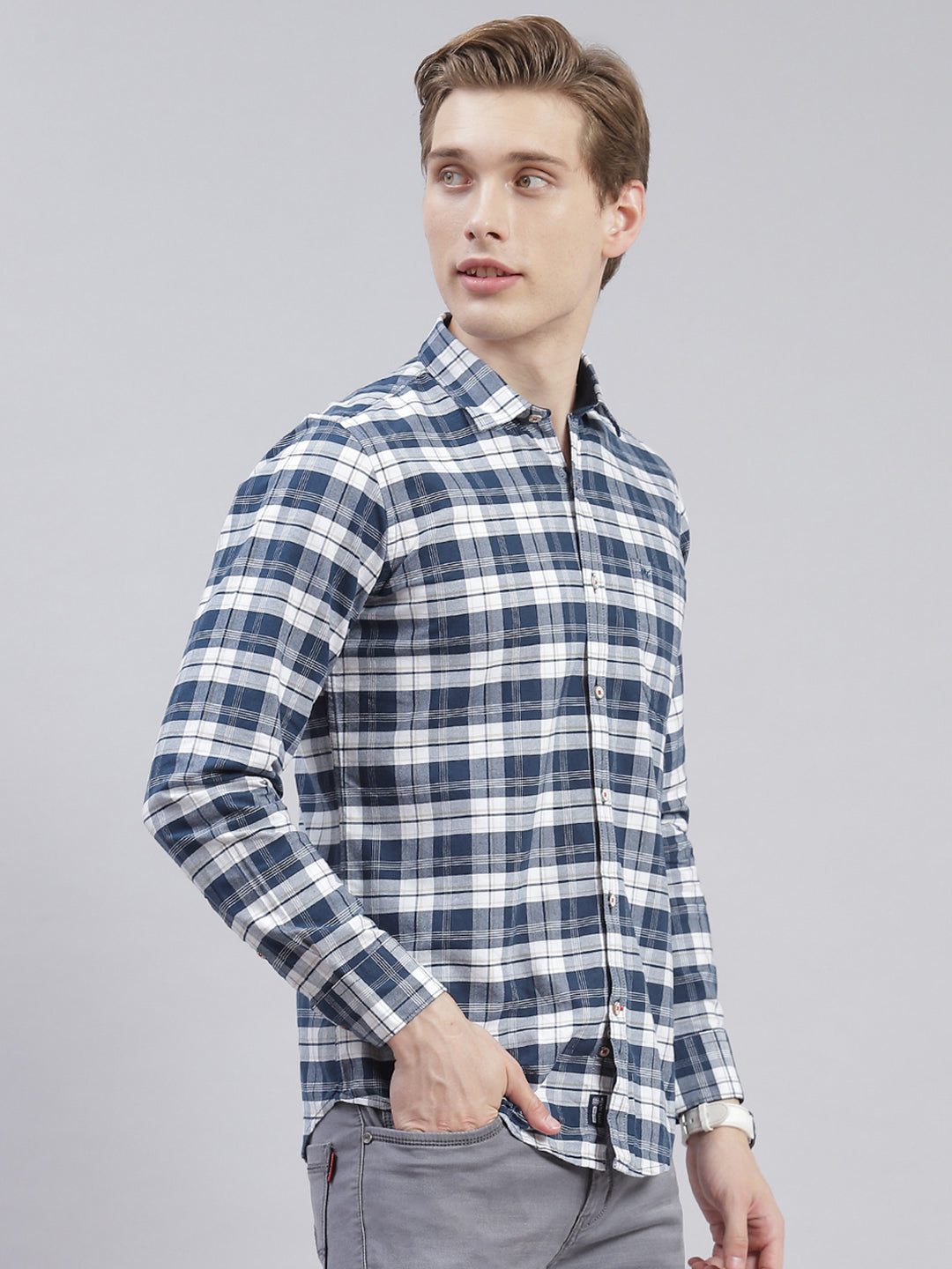 Men Navy Blue Check Collar Full Sleeve Shirts