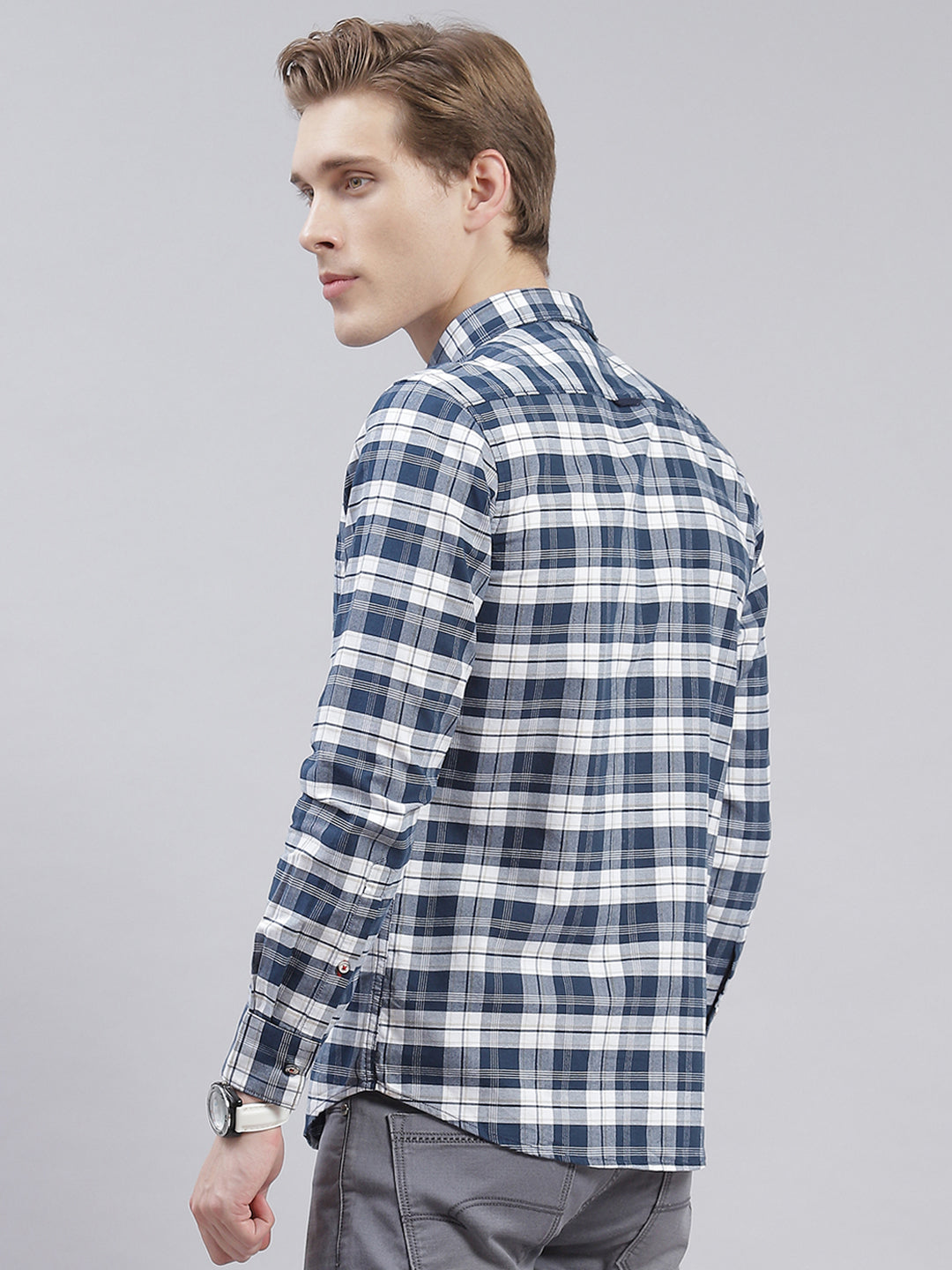 Men Navy Blue Check Collar Full Sleeve Shirts