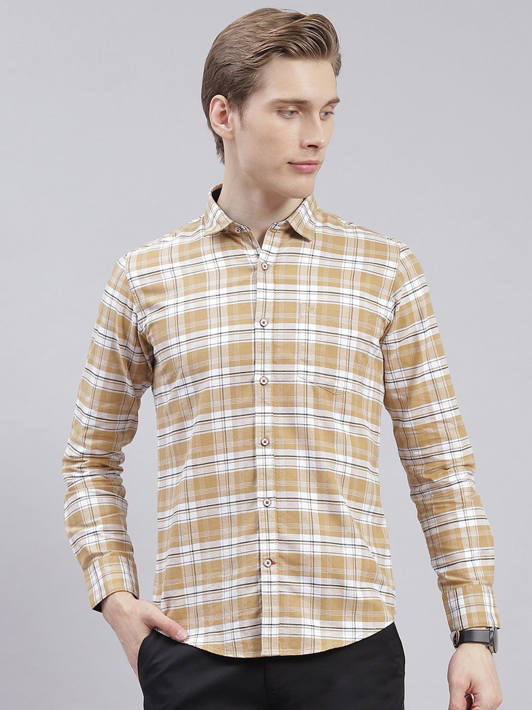 Men Beige Check Collar Full Sleeve Shirts