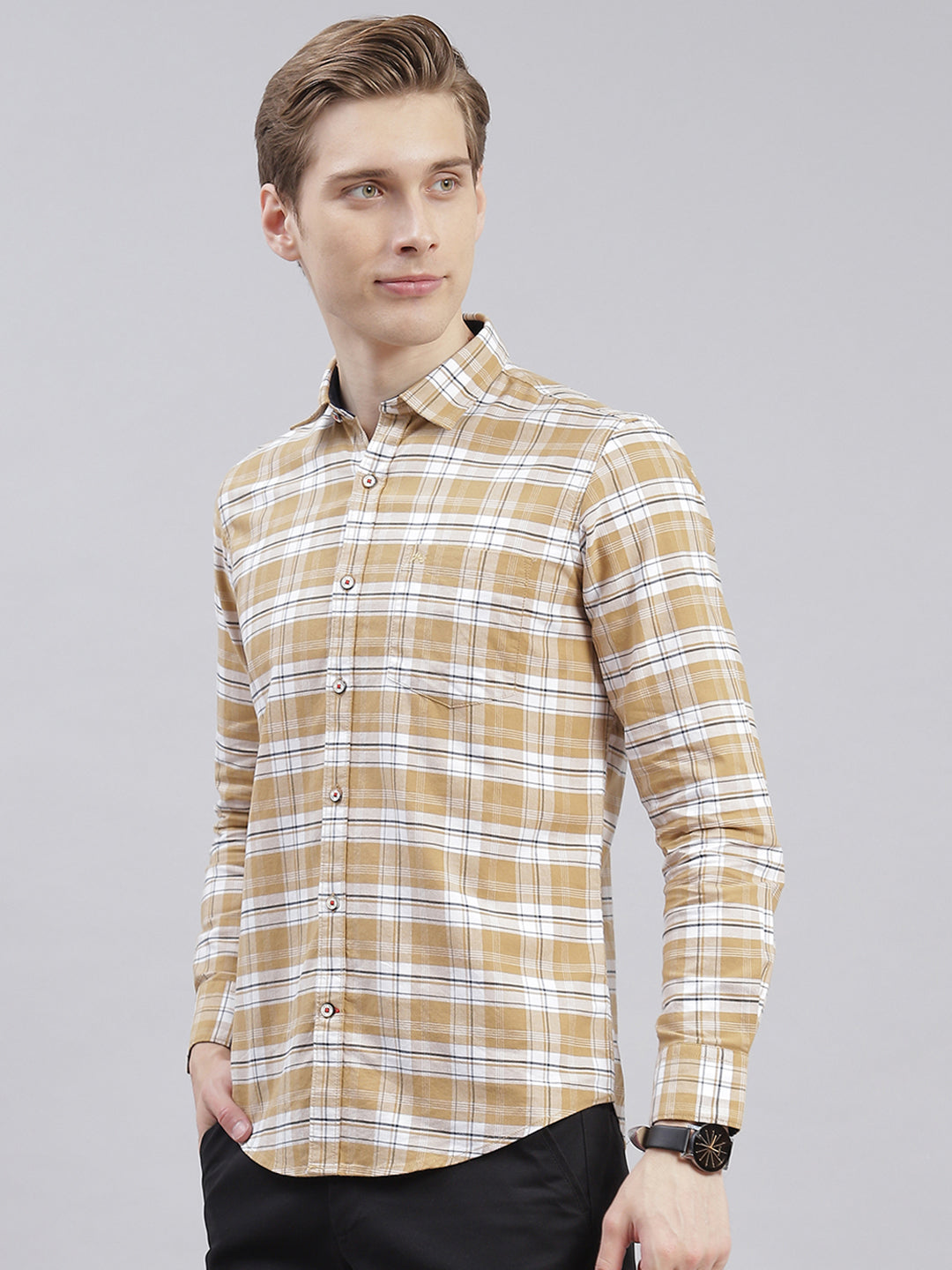 Men Beige Check Collar Full Sleeve Shirts