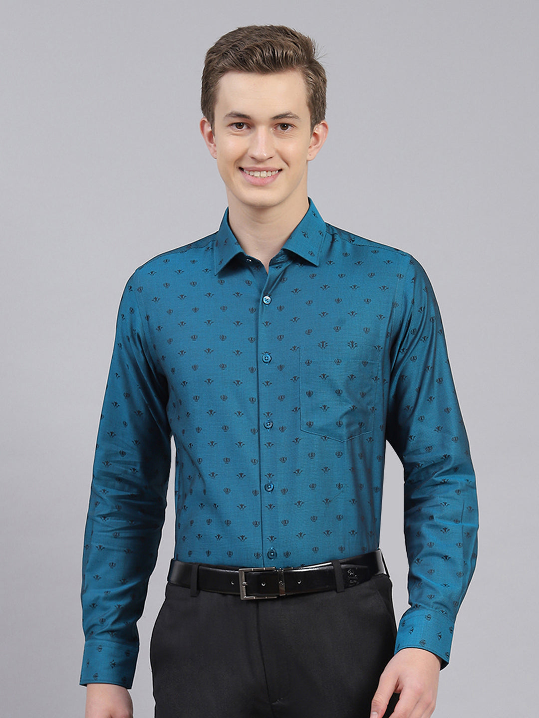 Men Teal Blue Jaquard Shirt