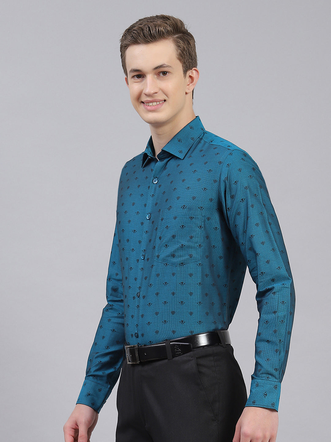 Men Teal Blue Jaquard Shirt