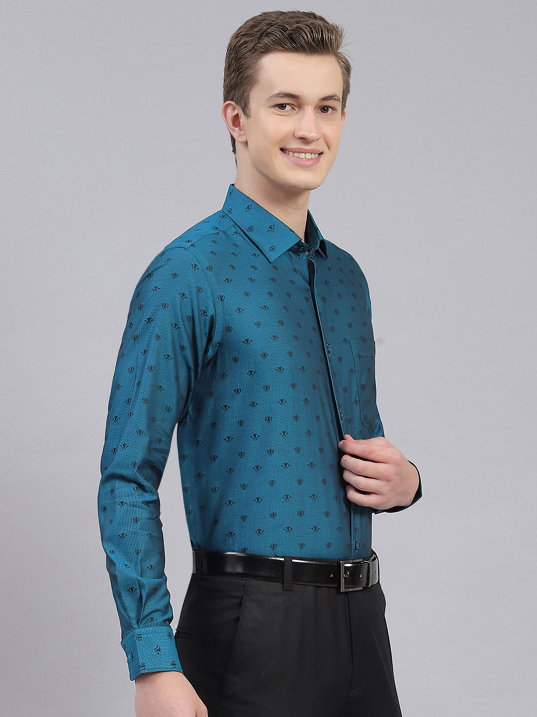 Men Teal Blue Jaquard Shirt