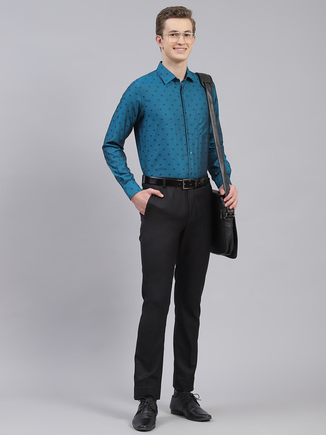 Men Teal Blue Jaquard Shirt