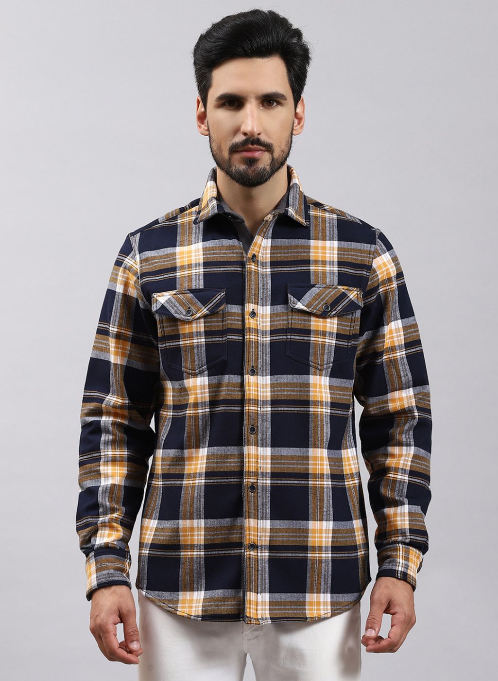 Men NAvy Blue Check Cotton Blend Shirt