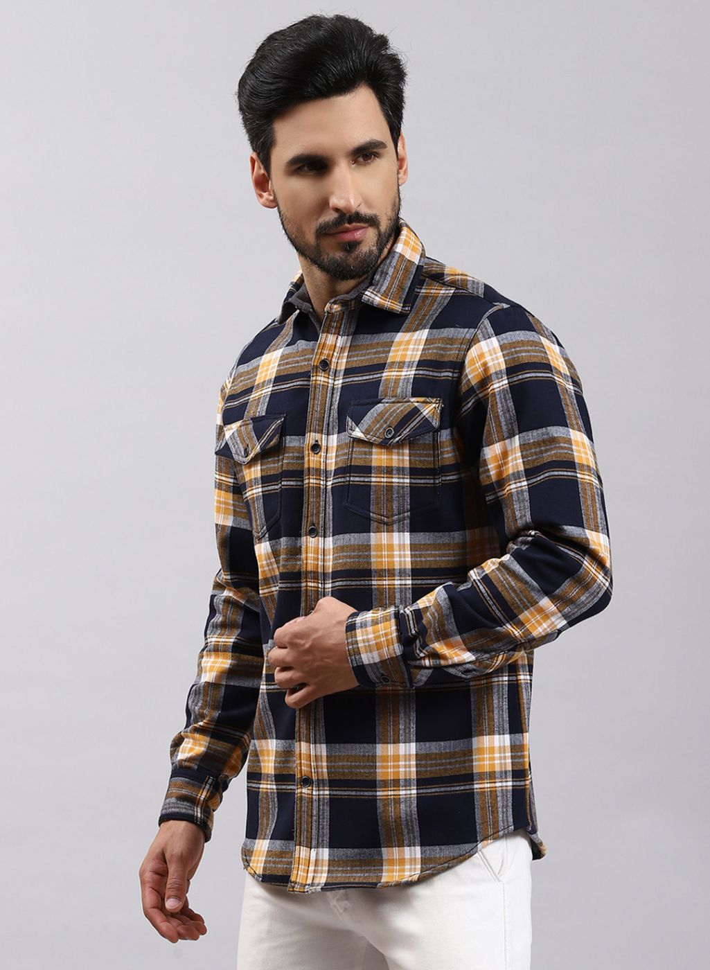 Men NAvy Blue Check Cotton Blend Shirt