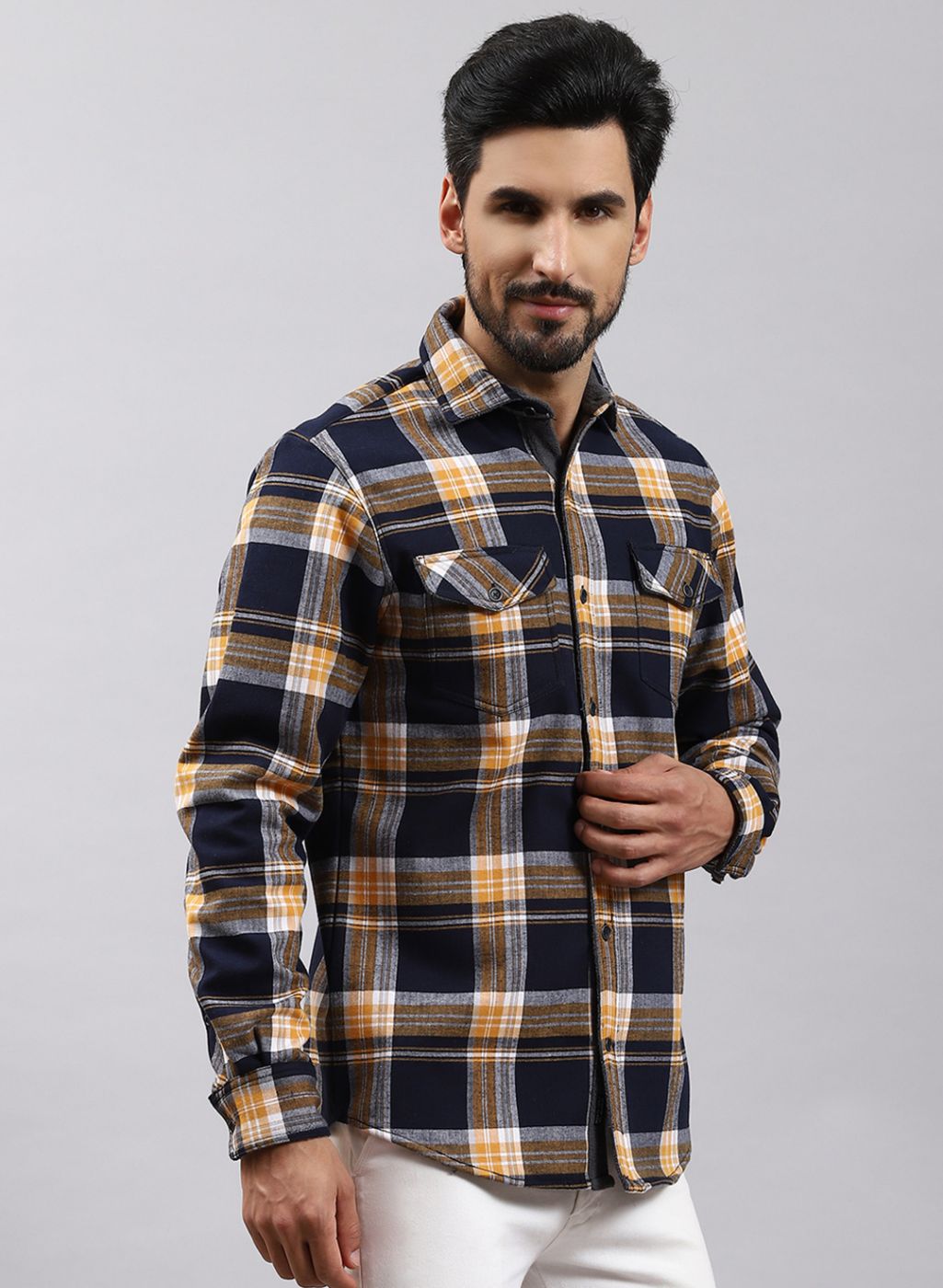 Men NAvy Blue Check Cotton Blend Shirt