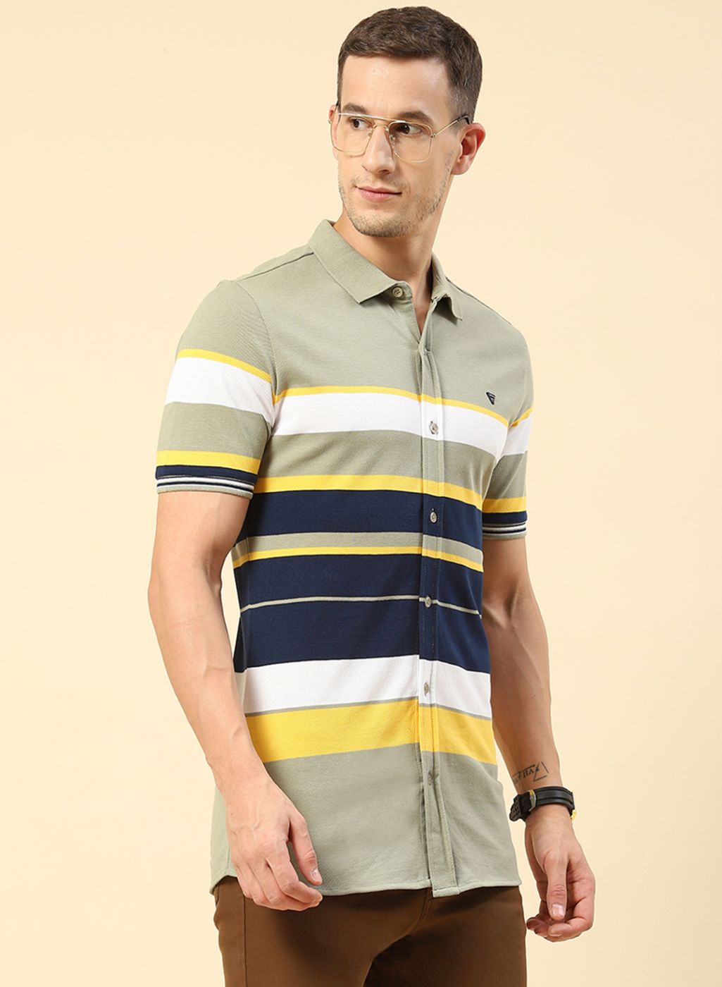 Men Green Stripe Knitted Shirt