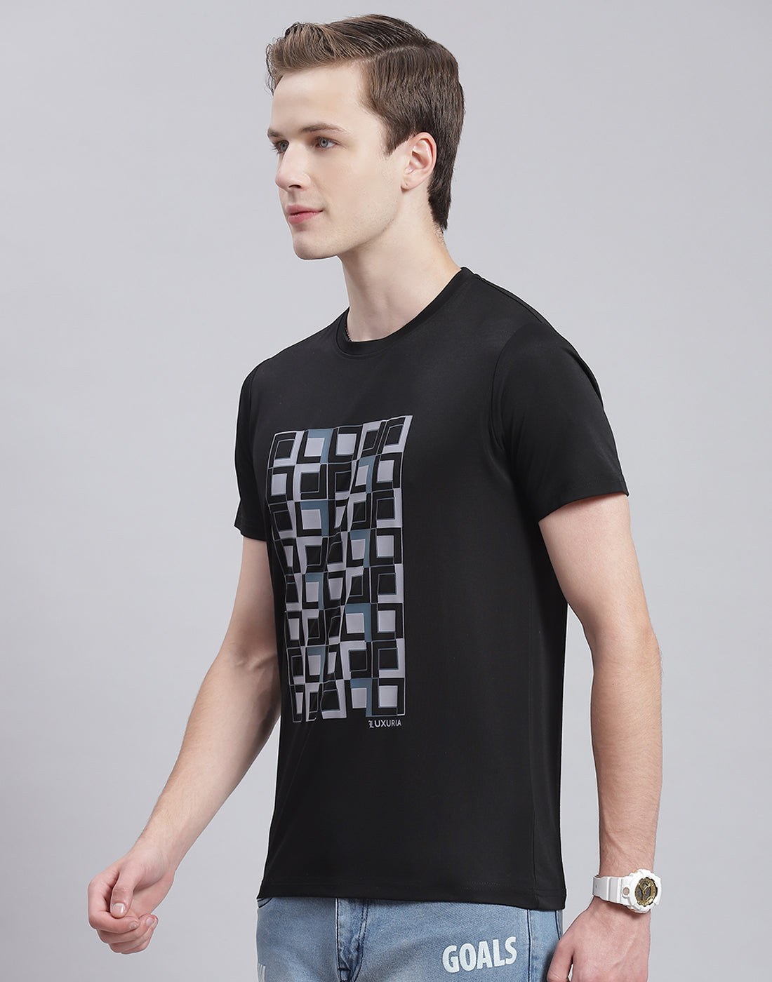 Men Black Printed Round Neck Half Sleeve T-Shirt