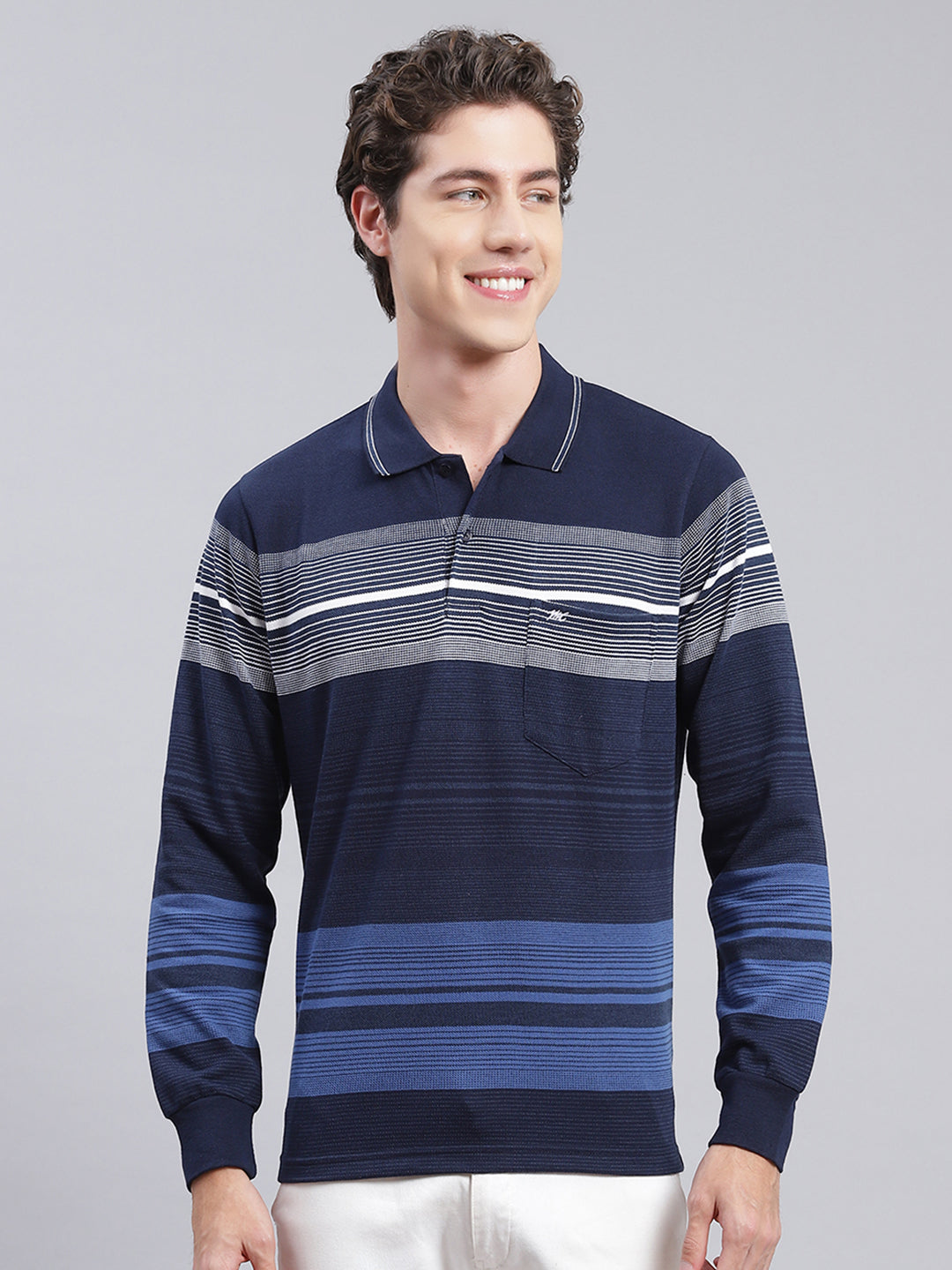 Men Navy Blue Stripe Cotton Blend T-Shirt