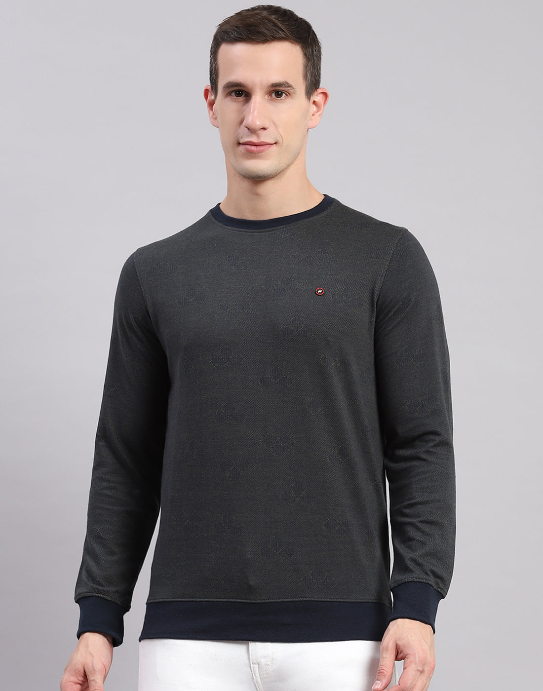 Men Olive Self Design Round Neck Full Sleeve Sweatshirts