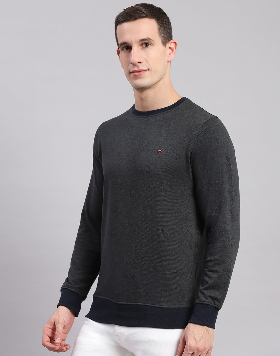 Men Olive Self Design Round Neck Full Sleeve Sweatshirts