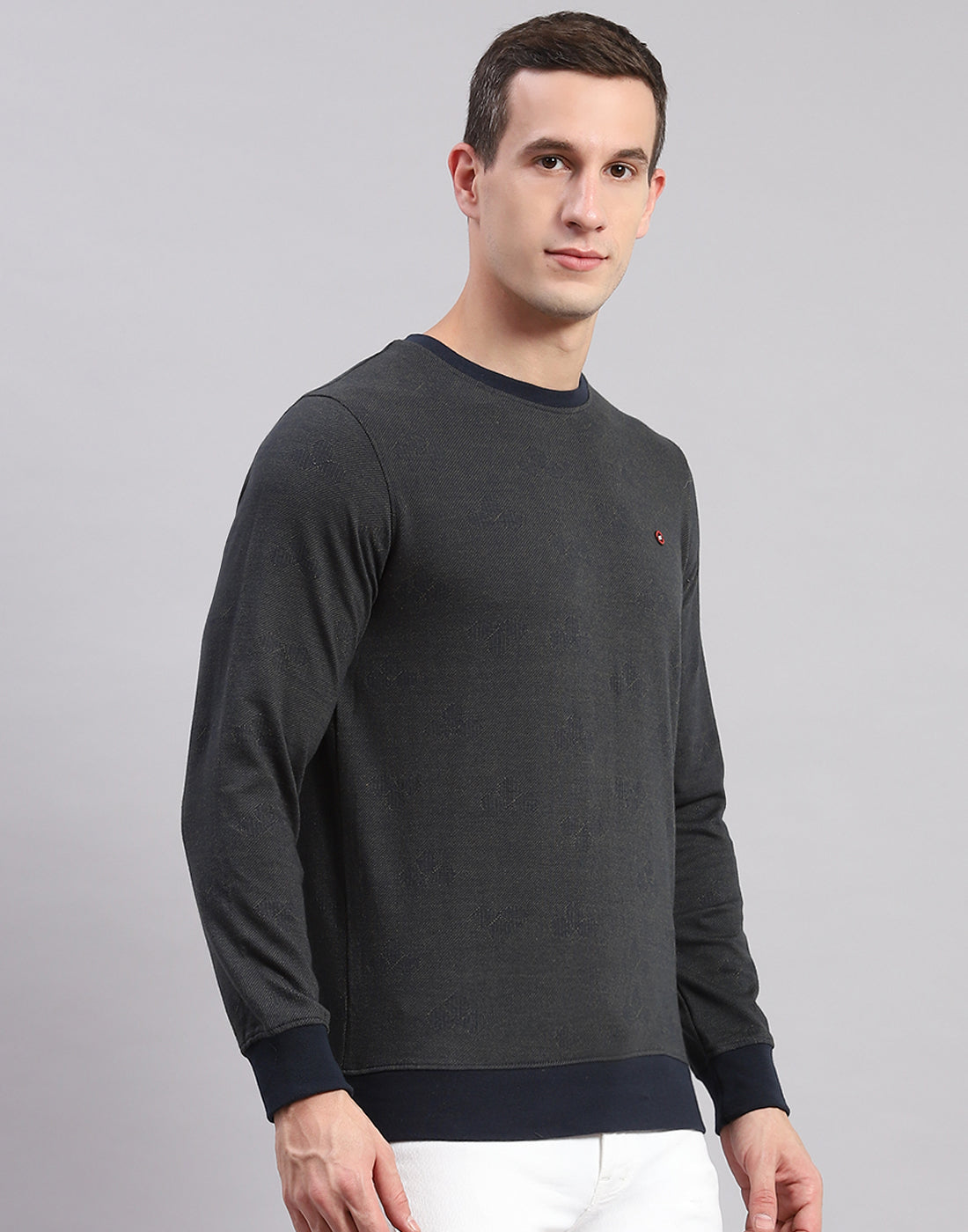 Men Olive Self Design Round Neck Full Sleeve Sweatshirts