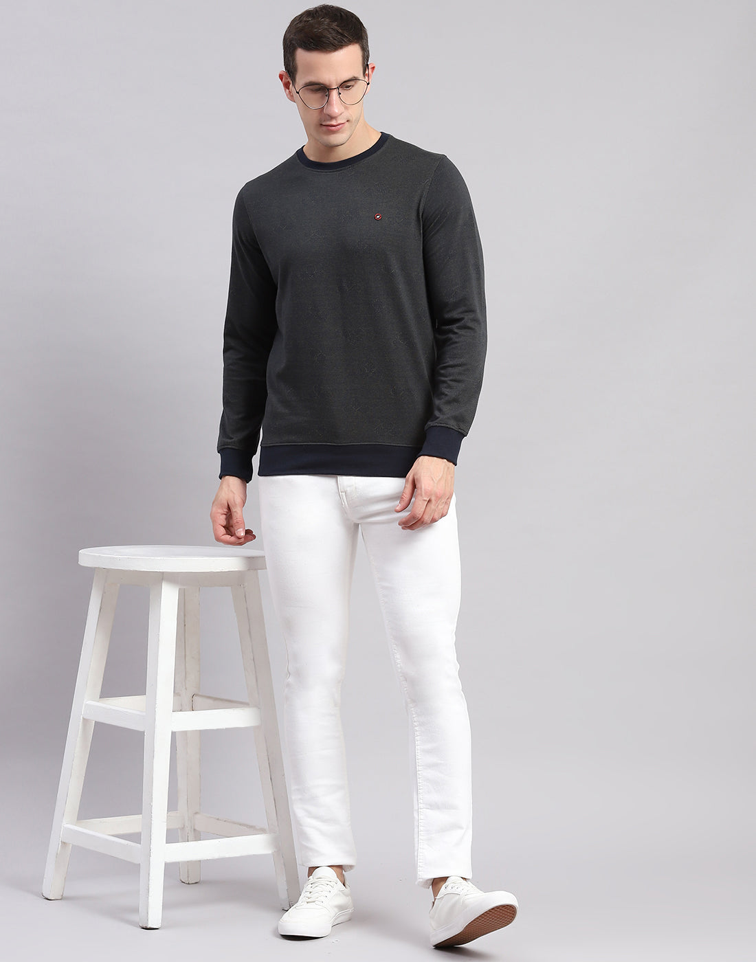 Men Olive Self Design Round Neck Full Sleeve Sweatshirts